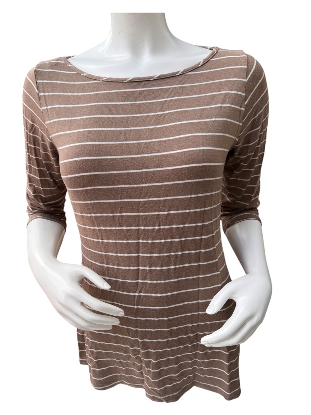 Green Envelope Brown and White Striped Round Neck 3/4 Sleeve Blouse Size XL